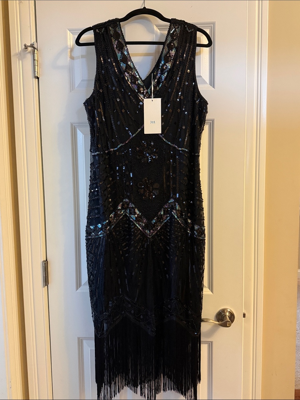 Beaded Fringe V-Neck Black Vintage Evening Dress